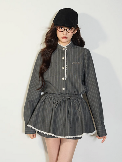 Gray striped long sleeve shirt & short collar skirt QDQ0071