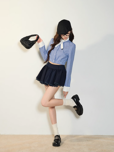 College Style Blue Plaid Shirt & Short Skirt QDQ0073