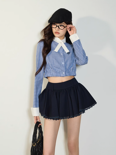 College Style Blue Plaid Shirt & Short Skirt QDQ0073