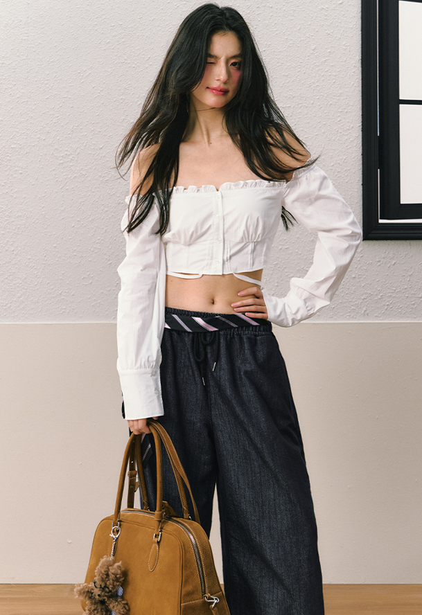 Dark Blue Wide Leg Relaxed Denim Style Pants SHI0076