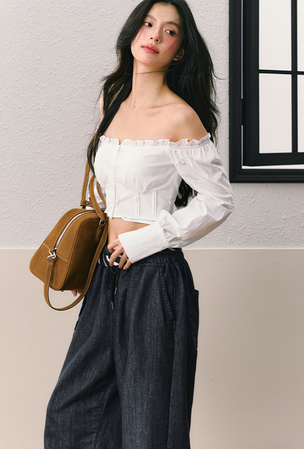 Dark Blue Wide Leg Relaxed Denim Style Pants SHI0076