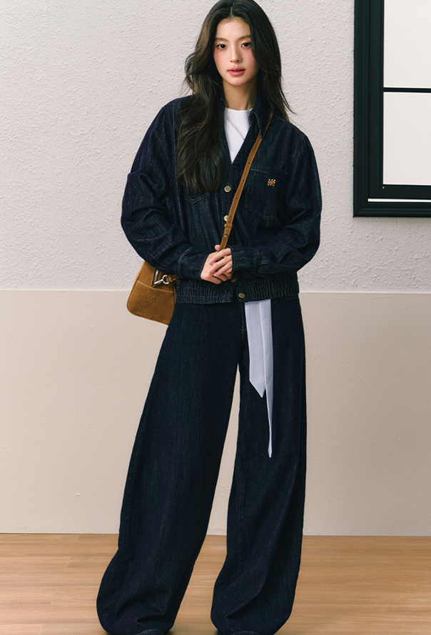 Gathered hem shirt style denim jacket and wide leg pants SHI0077