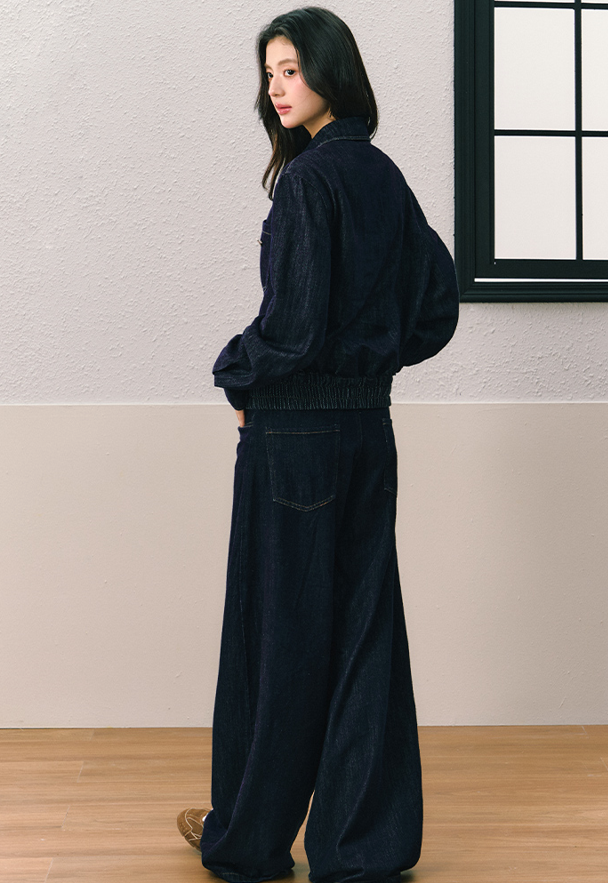 Gathered hem shirt style denim jacket and wide leg pants SHI0077