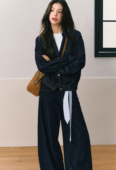 Gathered hem shirt style denim jacket and wide leg pants SHI0077