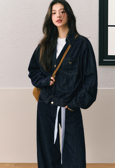 Gathered hem shirt style denim jacket and wide leg pants SHI0077