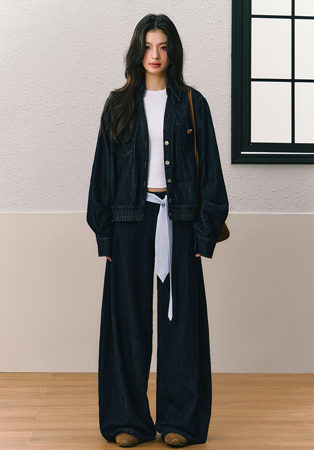 Gathered hem shirt style denim jacket and wide leg pants SHI0077