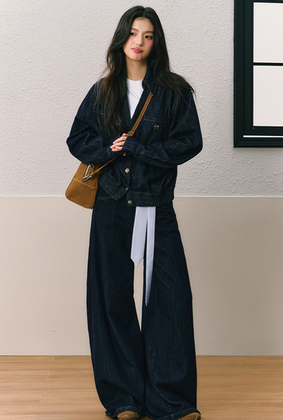 Gathered hem shirt style denim jacket and wide leg pants SHI0077