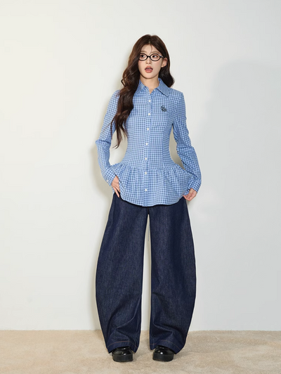 Blue Plaid Shirt Slim Fit Waist Long Sleeve Lace Top QDQ0076