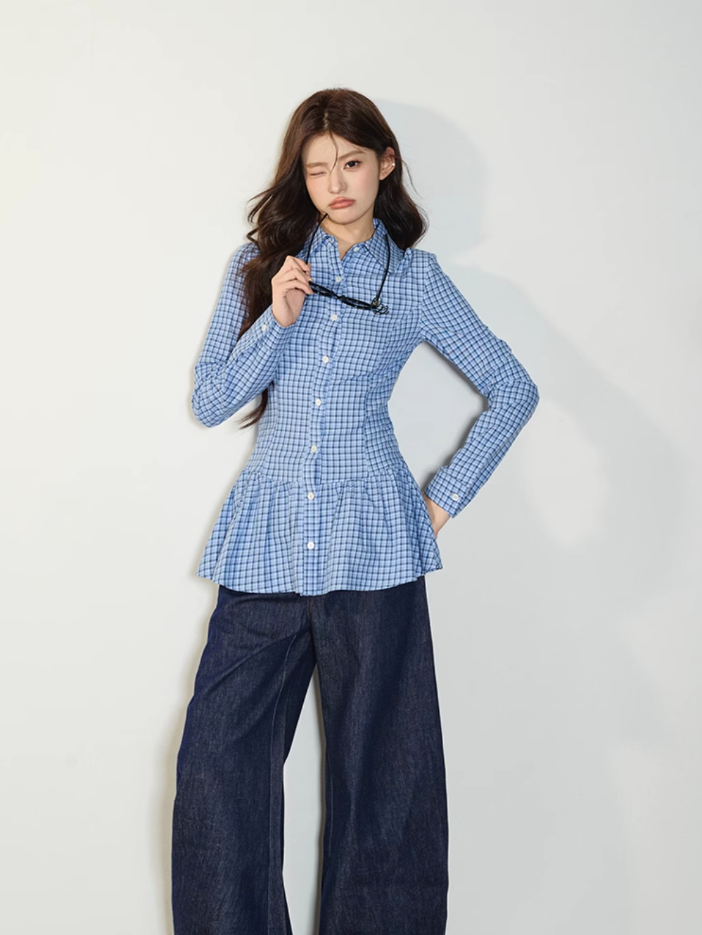 Blue Plaid Shirt Slim Fit Waist Long Sleeve Lace Top QDQ0076