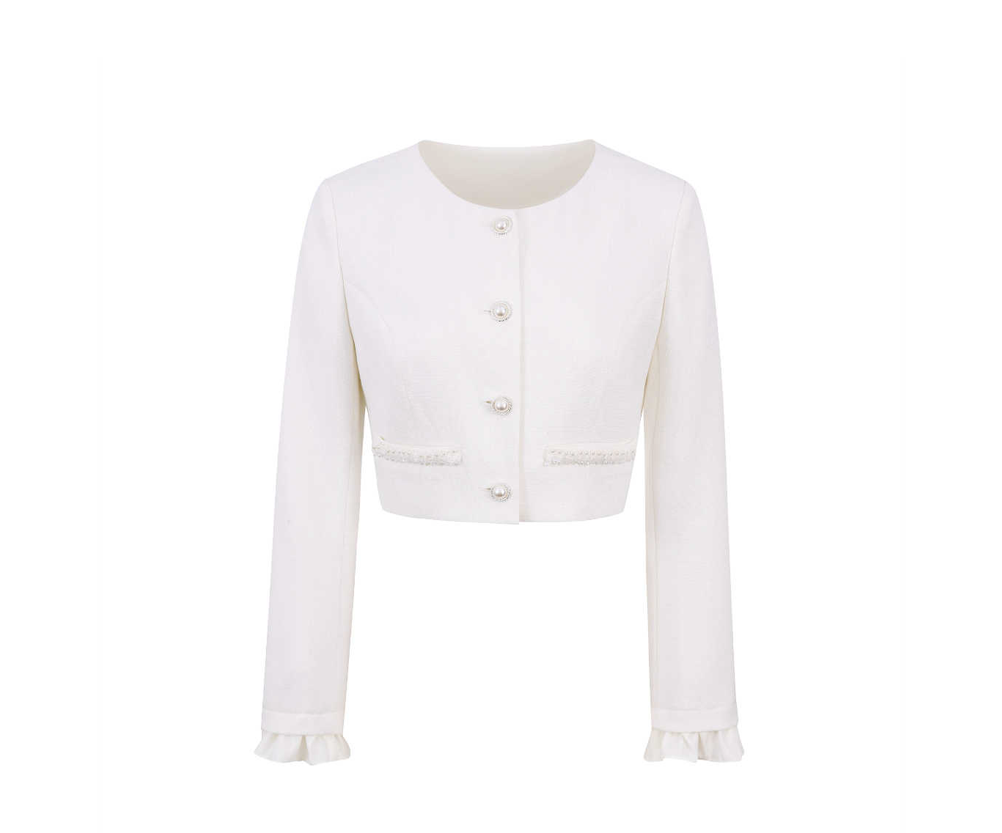 Collarless Pearl Button Sleeve Ruffle Short Jacket REC0053