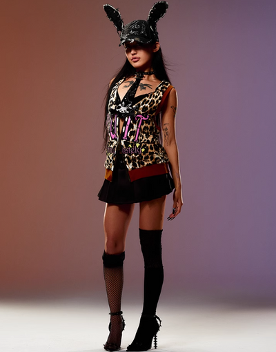 Patent Leather Embroidered Leopard Pattern Sleeveless Hoodie Top CFI0034