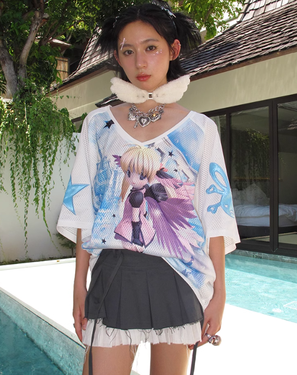 Angel Girl Print Mesh Loose T-Shirt CFI0041