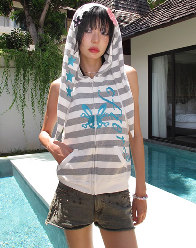 Towel Fabric Striped Rabbit Ear Hoodie Top CFI0045