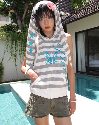 Towel Fabric Striped Rabbit Ear Hoodie Top CFI0045