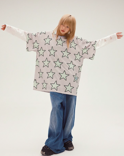 Star Print Oversized Bicolor T-Shirt CFI0055