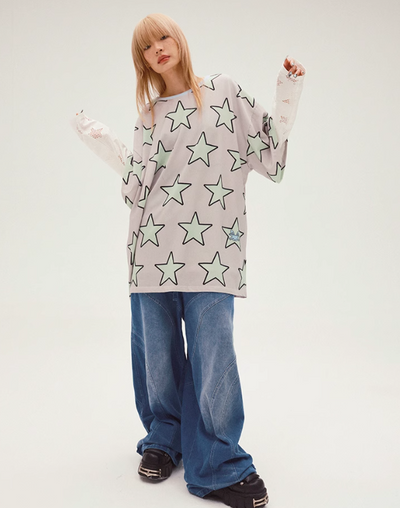 Star Print Oversized Bicolor T-Shirt CFI0055