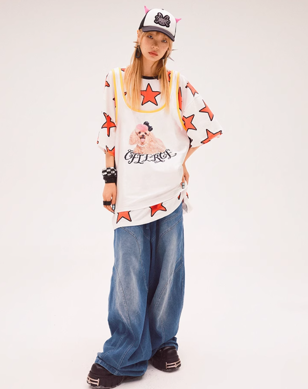 Star Print Oversized Bicolor T-Shirt CFI0055