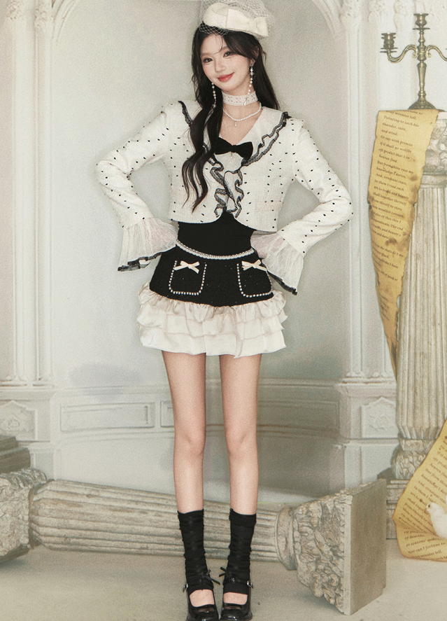 Dot Pattern Frilled Collar Short Jacket & Ribbon Pocket Ruffle Skirt BBB0086