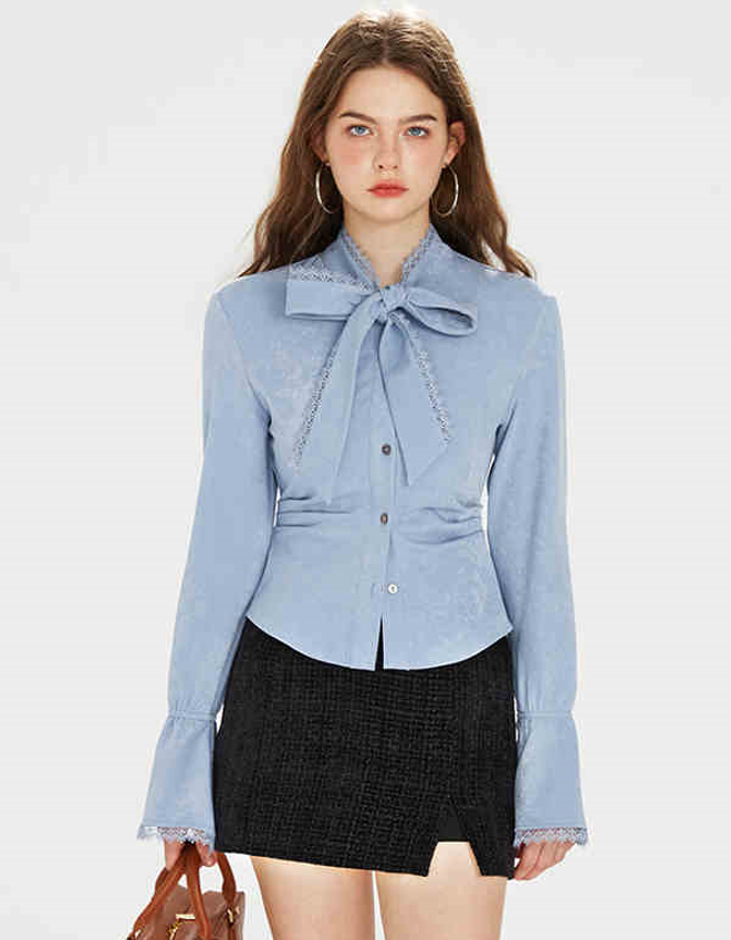 Tweed Slim Suit Jacket & Big Ribbon Ruffle Blue Shirt & Side Slit Mini Skirt BOH0065