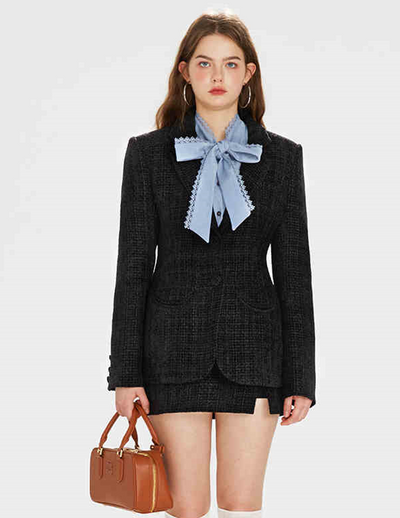 Tweed Slim Suit Jacket & Big Ribbon Ruffle Blue Shirt & Side Slit Mini Skirt BOH0065