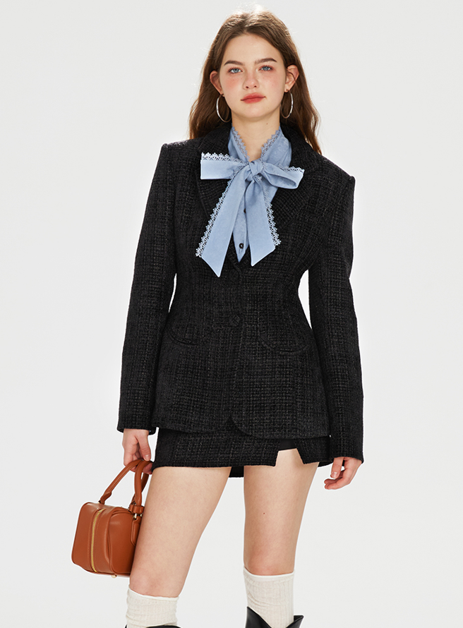 Tweed Slim Suit Jacket & Big Ribbon Ruffle Blue Shirt & Side Slit Mini Skirt BOH0065