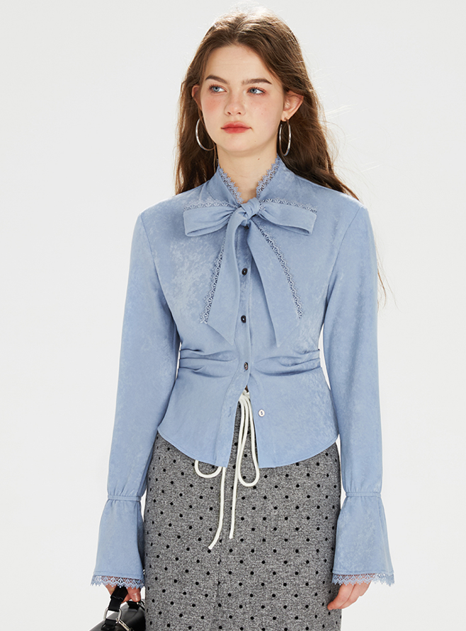 Tweed Slim Suit Jacket & Big Ribbon Ruffle Blue Shirt & Side Slit Mini Skirt BOH0065