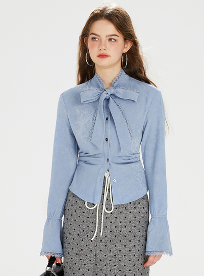 Tweed Slim Suit Jacket & Big Ribbon Ruffle Blue Shirt & Side Slit Mini Skirt BOH0065