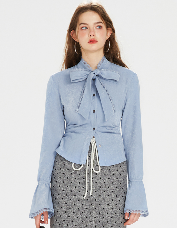 Tweed Slim Suit Jacket & Big Ribbon Ruffle Blue Shirt & Side Slit Mini Skirt BOH0065