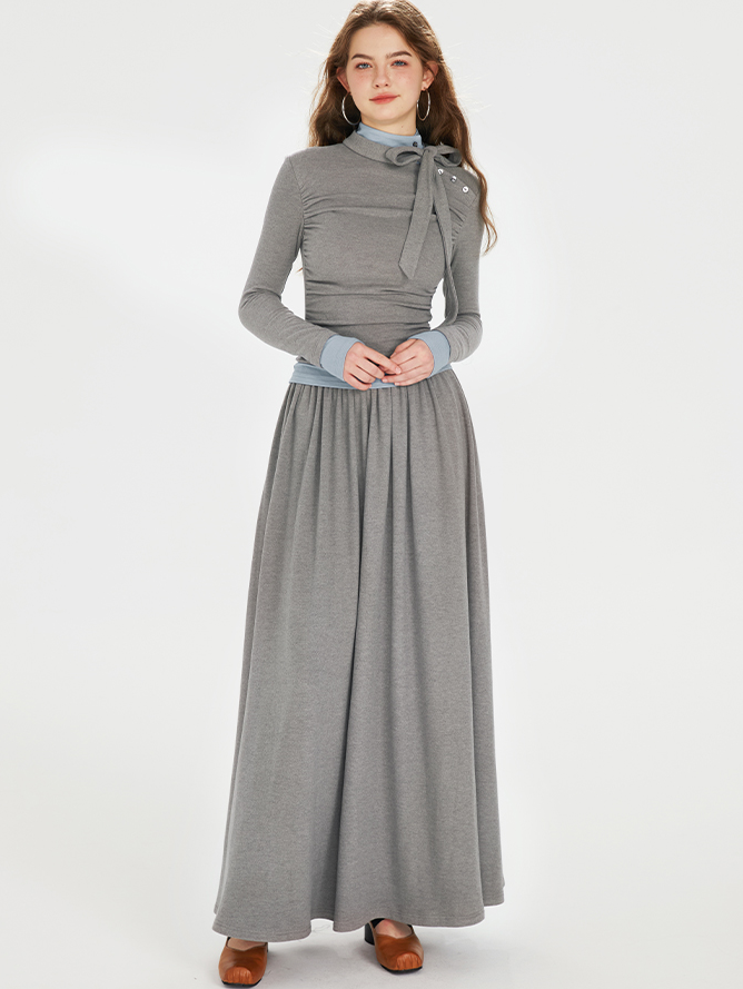 Ribbon Neck Bicolor Slim Raised Long Dress BOH0066