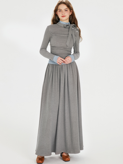 Ribbon Neck Bicolor Slim Raised Long Dress BOH0066