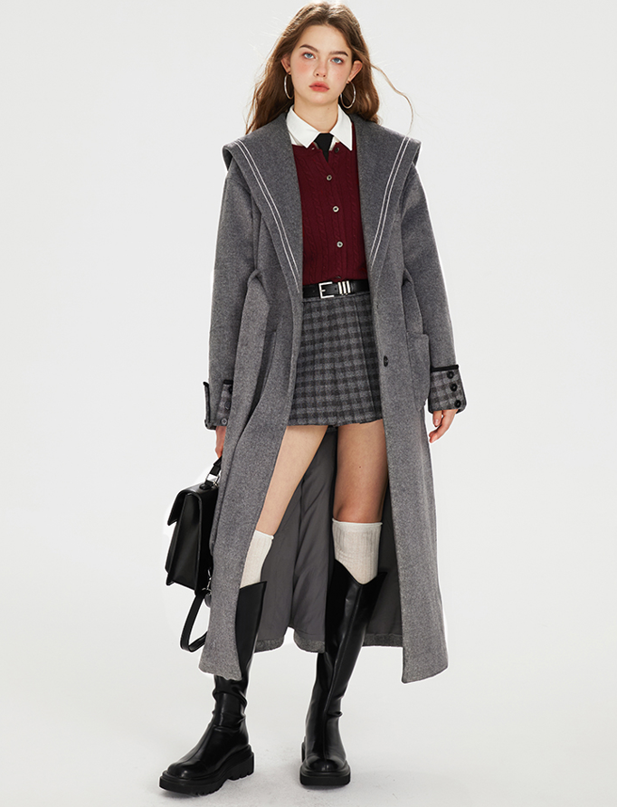 Waist Belt College Style Wool Long Coat BOH0068