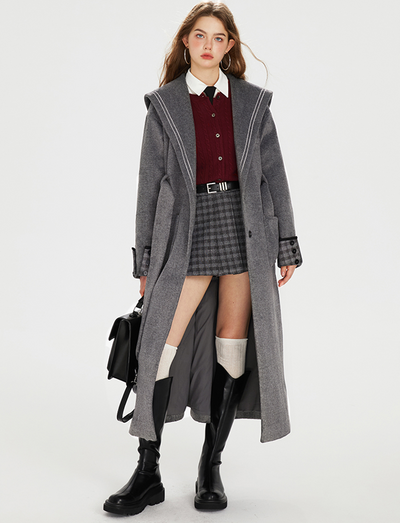 Waist Belt College Style Wool Long Coat BOH0068