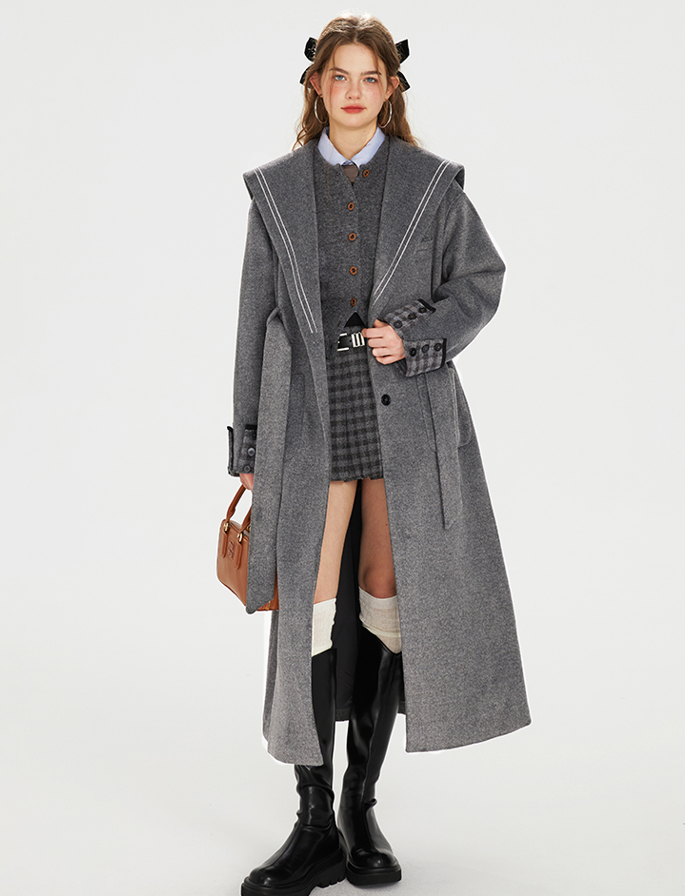 Waist Belt College Style Wool Long Coat BOH0068