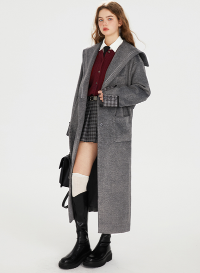 Waist Belt College Style Wool Long Coat BOH0068