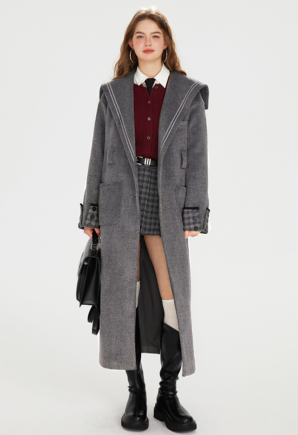 Waist Belt College Style Wool Long Coat BOH0068