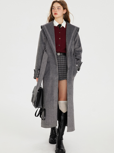 Waist Belt College Style Wool Long Coat BOH0068