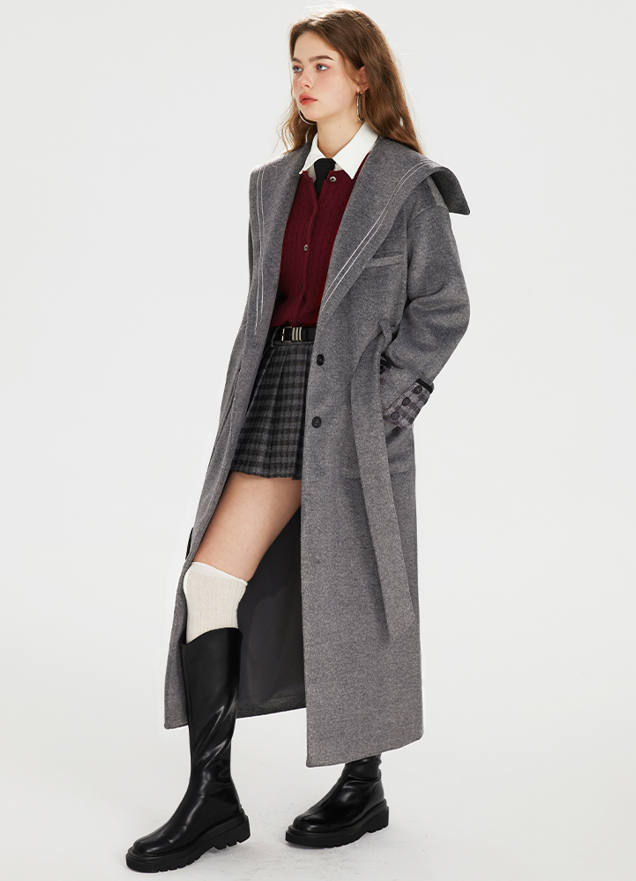 Waist Belt College Style Wool Long Coat BOH0068