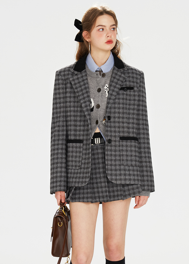 College Style Contrast Color Tartan Check Jacket & Pleated Skirt BOH0070