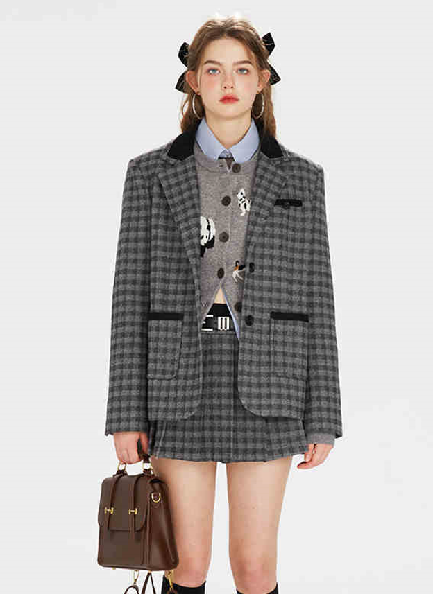 College Style Contrast Color Tartan Check Jacket & Pleated Skirt BOH0070