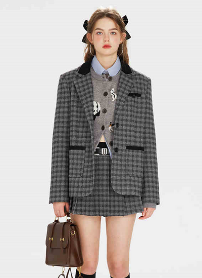 College Style Contrast Color Tartan Check Jacket & Pleated Skirt BOH0070