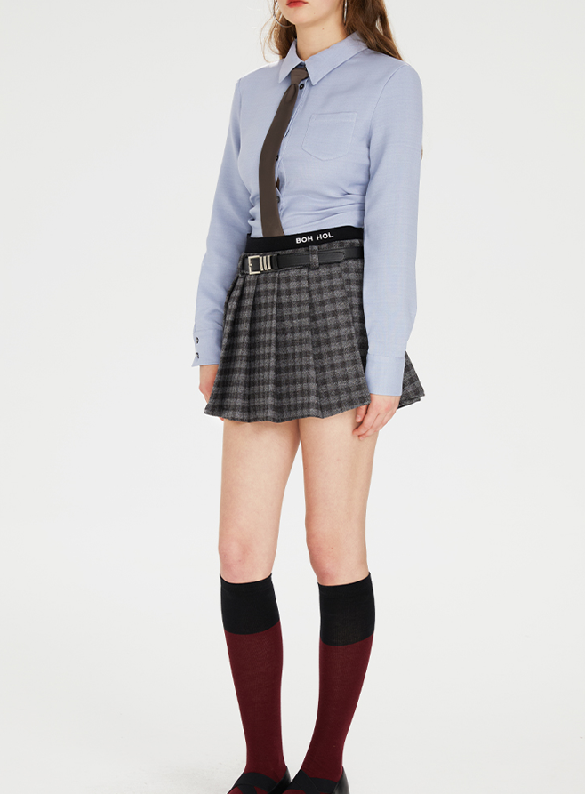 College Style Contrast Color Tartan Check Jacket & Pleated Skirt BOH0070