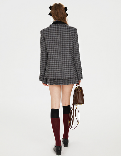 College Style Contrast Color Tartan Check Jacket & Pleated Skirt BOH0070