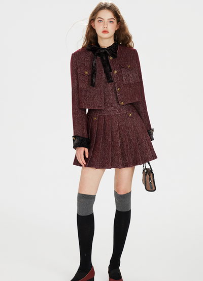 No Collar Wine Red Wool Button Jacket & Wool Pleated Jumperskirt BOH0071