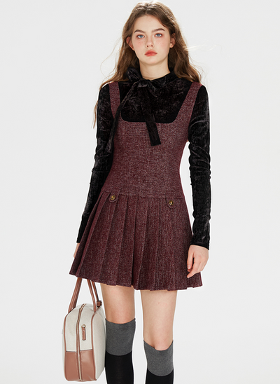 No Collar Wine Red Wool Button Jacket & Wool Pleated Jumperskirt BOH0071