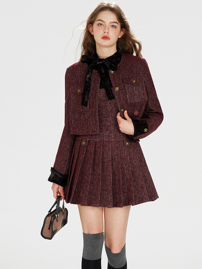 No Collar Wine Red Wool Button Jacket & Wool Pleated Jumperskirt BOH0071