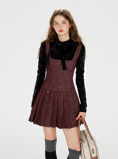 No Collar Wine Red Wool Button Jacket & Wool Pleated Jumperskirt BOH0071