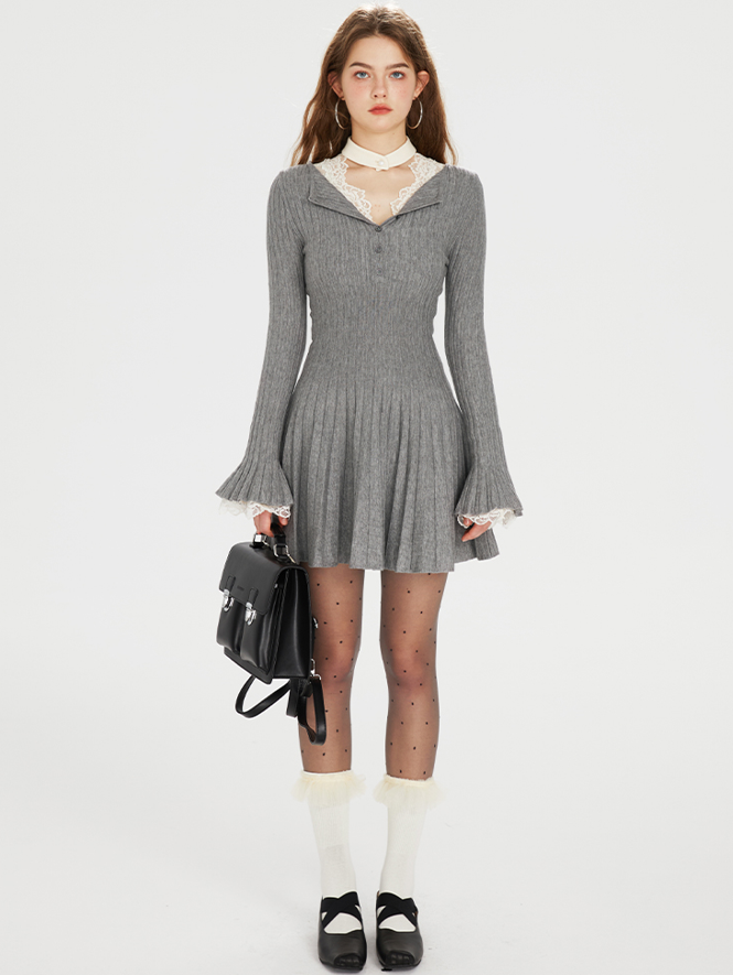 Key Neck Style Ribbed Knit Flared Dress BOH0072