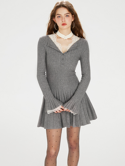 Key Neck Style Ribbed Knit Flared Dress BOH0072