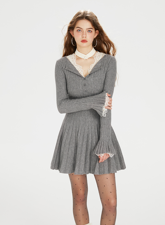 Key Neck Style Ribbed Knit Flared Dress BOH0072