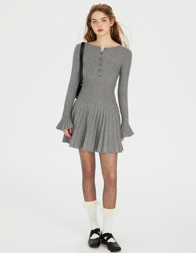 Key Neck Style Ribbed Knit Flared Dress BOH0072